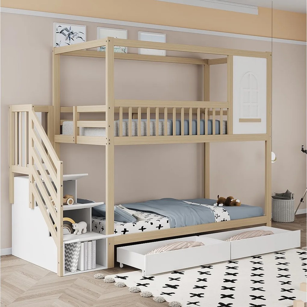 Łóżko piętrowe 90x200 cm – dziecięce Łóżko z drabinką i 2 szufladami – białe i naturalne