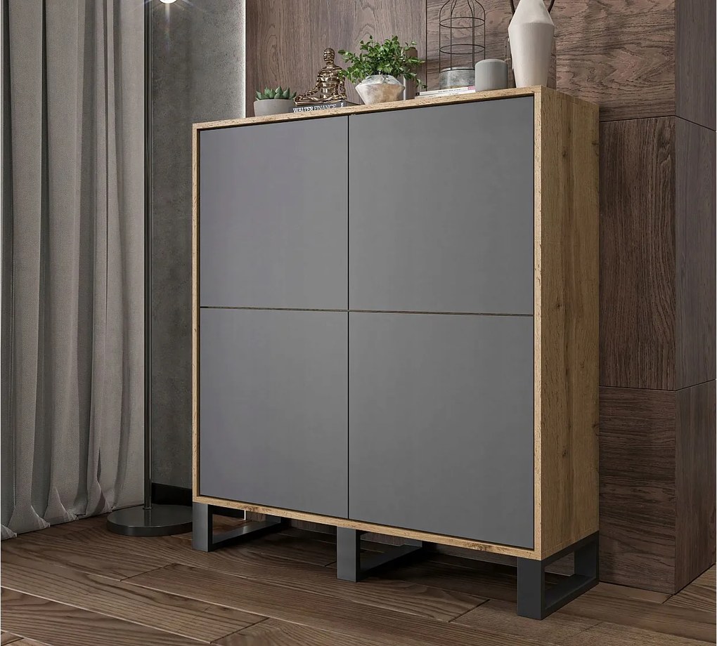 Komoda z 4 drzwiami – korpus dąb wotan, fronty grafit mat – 113 cm, metalowe nogi