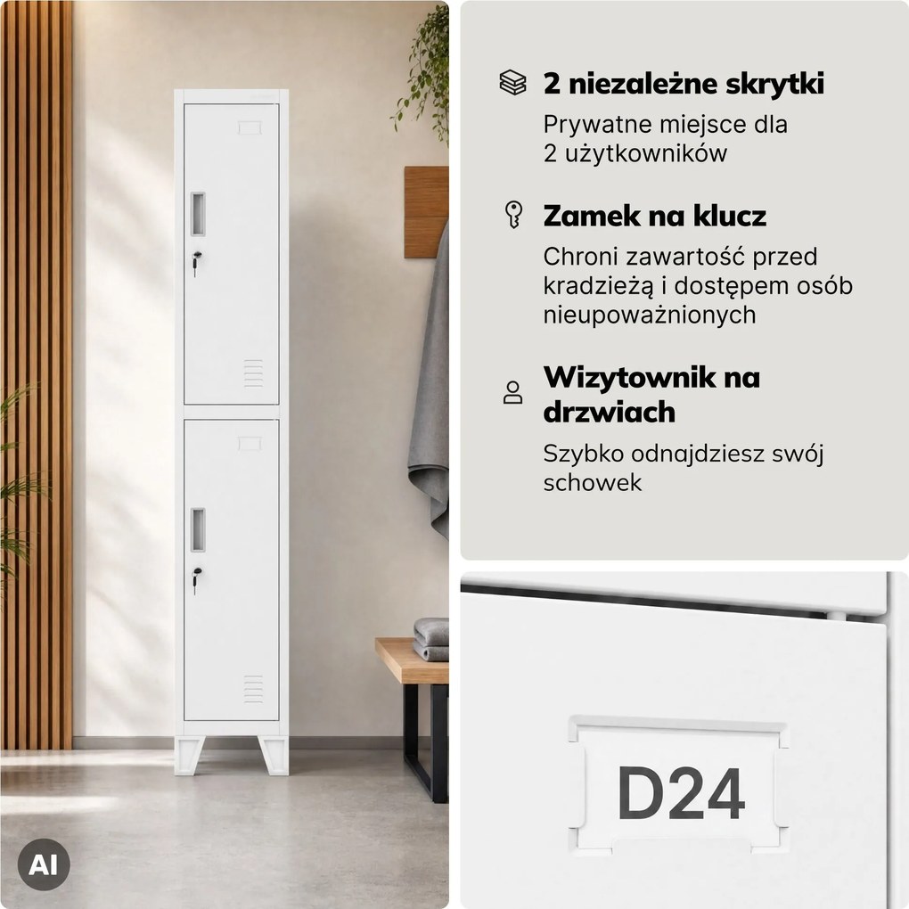 Szafka ubraniowa metalowa pracownicza głęboka 2-drzwiowa biała, 292x1720x600 mm: BARTEK 1 Plus D600