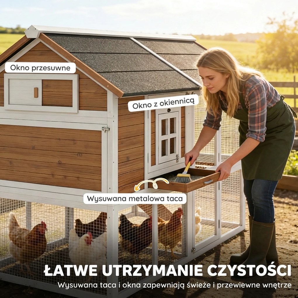 PawHut Kurnik z wybiegiem, gniazdem lęgowym, wysuwaną tacą i wodoodpornym dachem, dla 4 kur, 200 x 104 x 145 cm, drewno, brązowy | Aosom PL