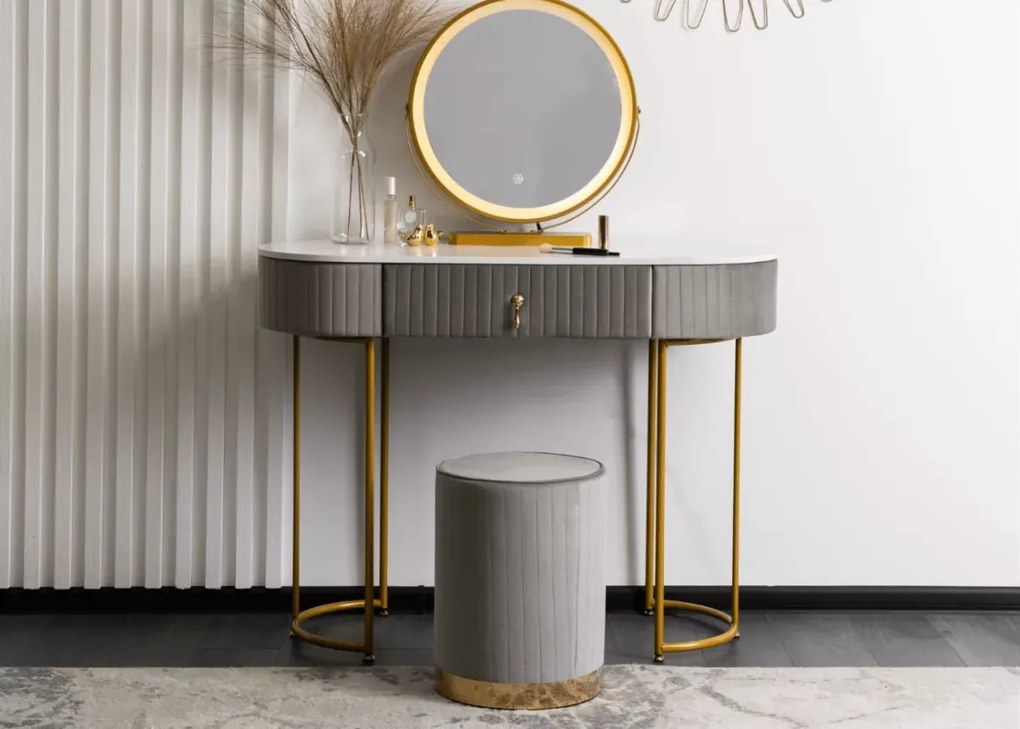 Toaletka Furalek 3 kolory LED – szuflada welurowa i pufa, zestaw glamour