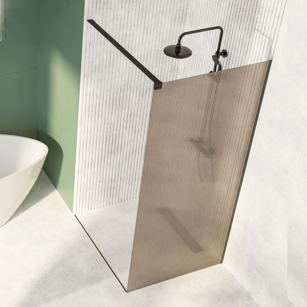 Ścianka prysznicowa WALK IN FIX brązowa prostokątna ryflowana 8 mm ARTE WELLE Classic Brown MASSI| Różne rozmiary : Kolor profili kabiny - czarny, Szerokość ścianki - 100 cm, Typ montażu - WALK in FIX (Do ściany)