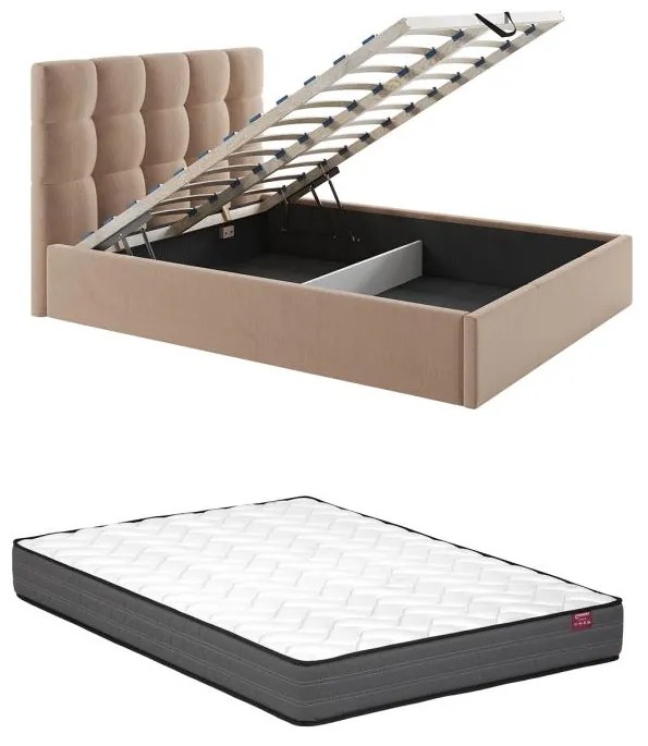 Łóżko ze skrzynią  200 x 200 cm - Aksamit - Beżowy + Materac - MIRDAL od Pascal Morabito