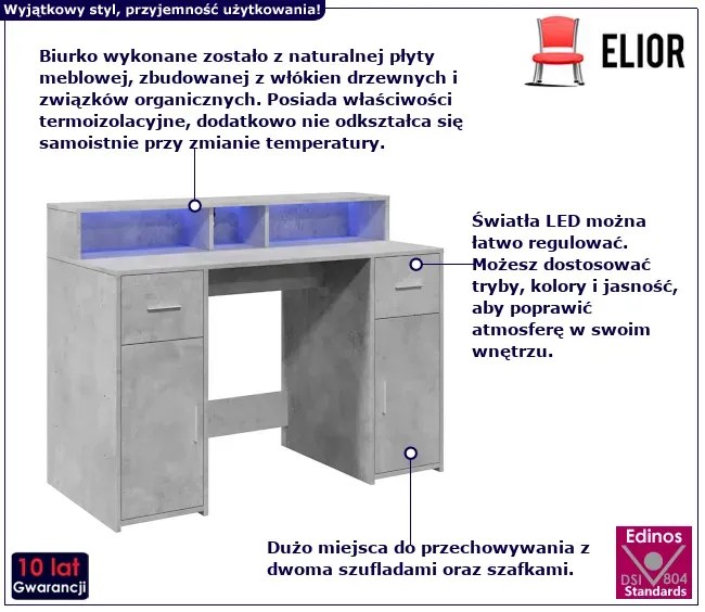 Biurko podświetlane 120 cm betonowa szarość E6-G90