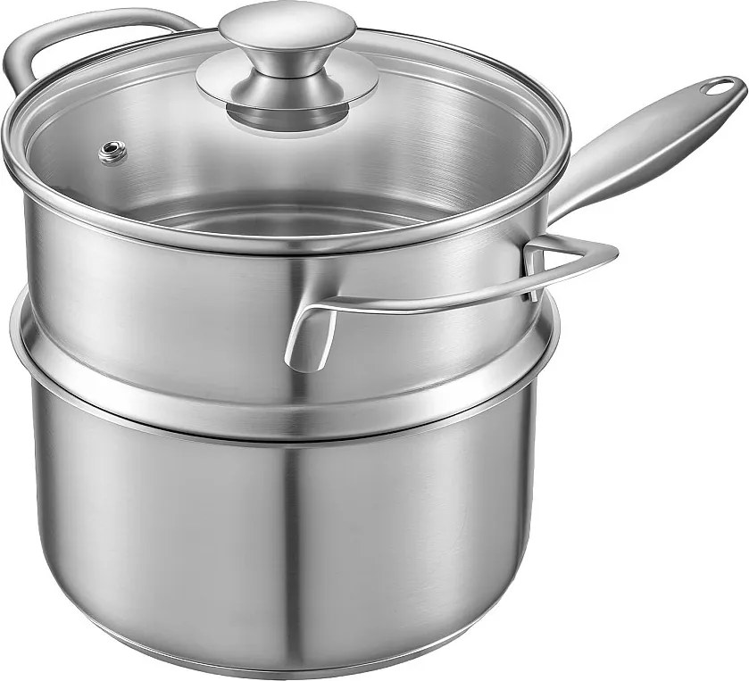 Garnek SucceBuy ze Stali Nierdzewnej 1,4 L z Koszykiem do Gotowania na Parze, Garnczek z Pokrywą ze Szkła I Ergonomiczną Rączką, Zmywalny w Zmywarce