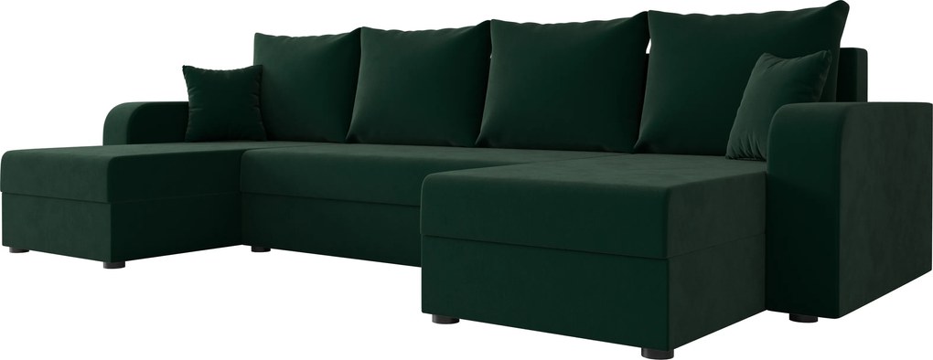 Rozkładana sofa narożna w kształcie U VALERIO 305x140 cm, ciemnozielona