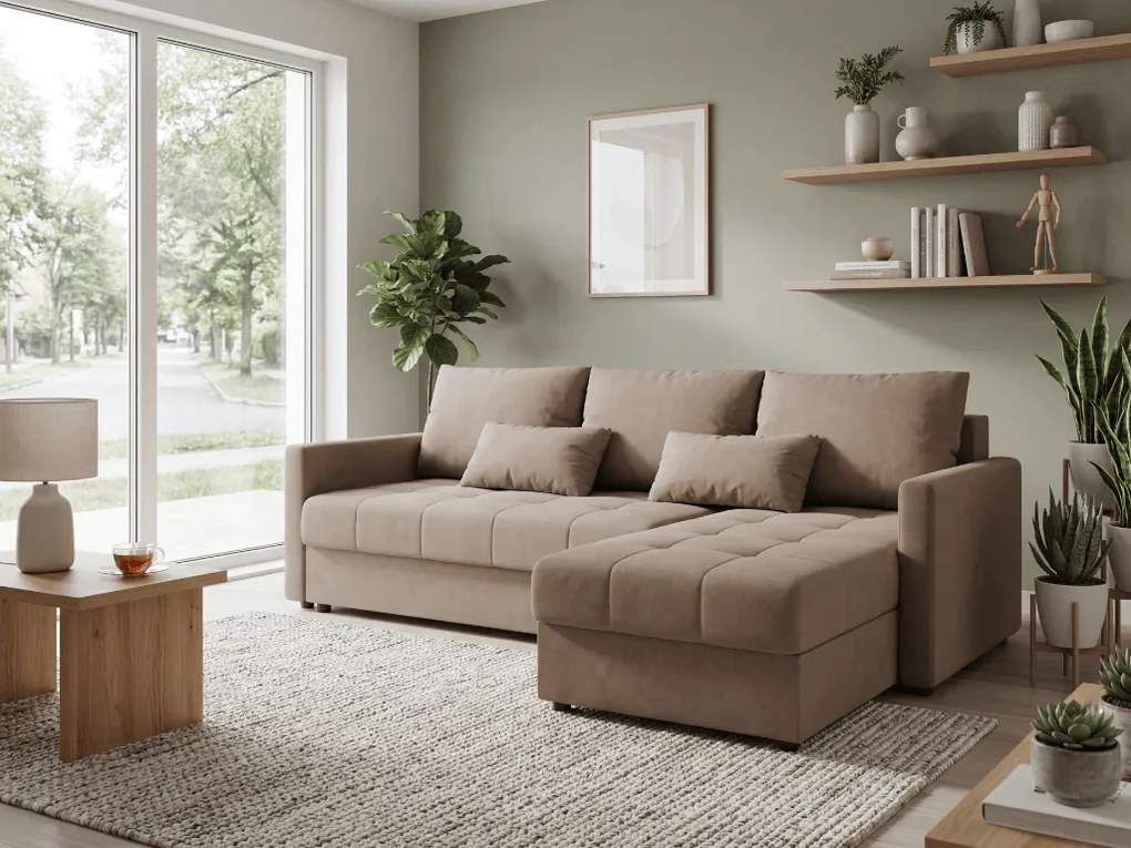 Rozkładana narożna sofa VENORIA 220x143 cm, beżowa, uniwersalna + 2 poduszki GRATIS