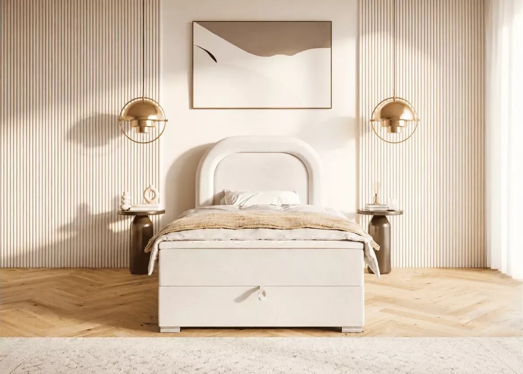 Eleganckie tapicerowane łóżko kontynentalne Flay 120x200 z pojemnikiem na pościel i wygodnym wezgłowiem