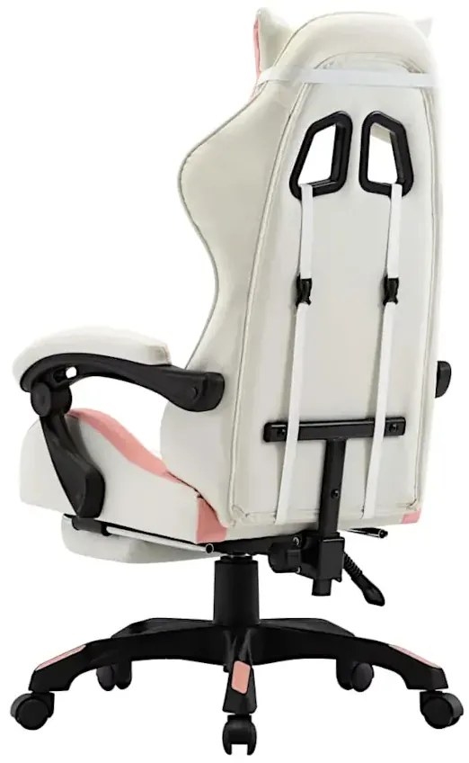 Biało-różowy fotel gamingowy z zagłówkiem i podnóżkiem P1-A86