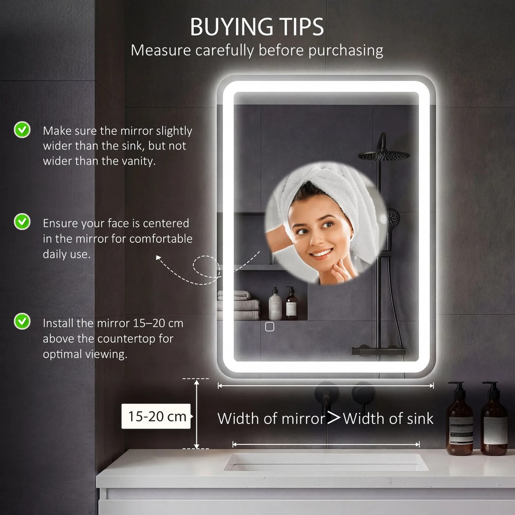 HOMCOM Lustro łazienkowe, podświetlane, sterowanie dotykowe, przeciwmgielne, ściemnialne, 3 kolory światła, 70x90, srebrne