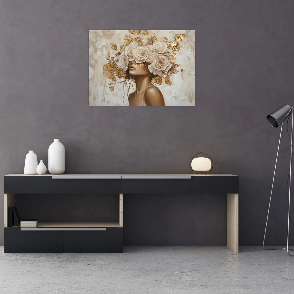 Obraz na szkle - Dziewczyna z różami (70x50 cm)