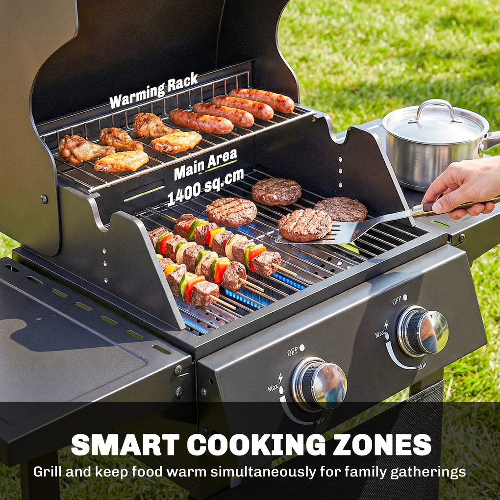 Outsunny Grill gazowy 5,4 kW, 2 palniki, stalowy wózek grillowy z termometrem, chromowany ruszt i półka do podgrzewania | Aosom PL