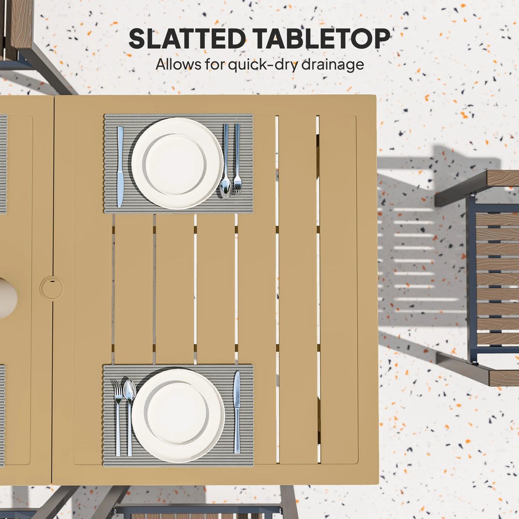 Outsunny Stół ogrodowy 150x90 cm, odporny na warunki atmosferyczne stół balkonowy ze stali, stół z otworem na parasol, brązowy | Aosom PL