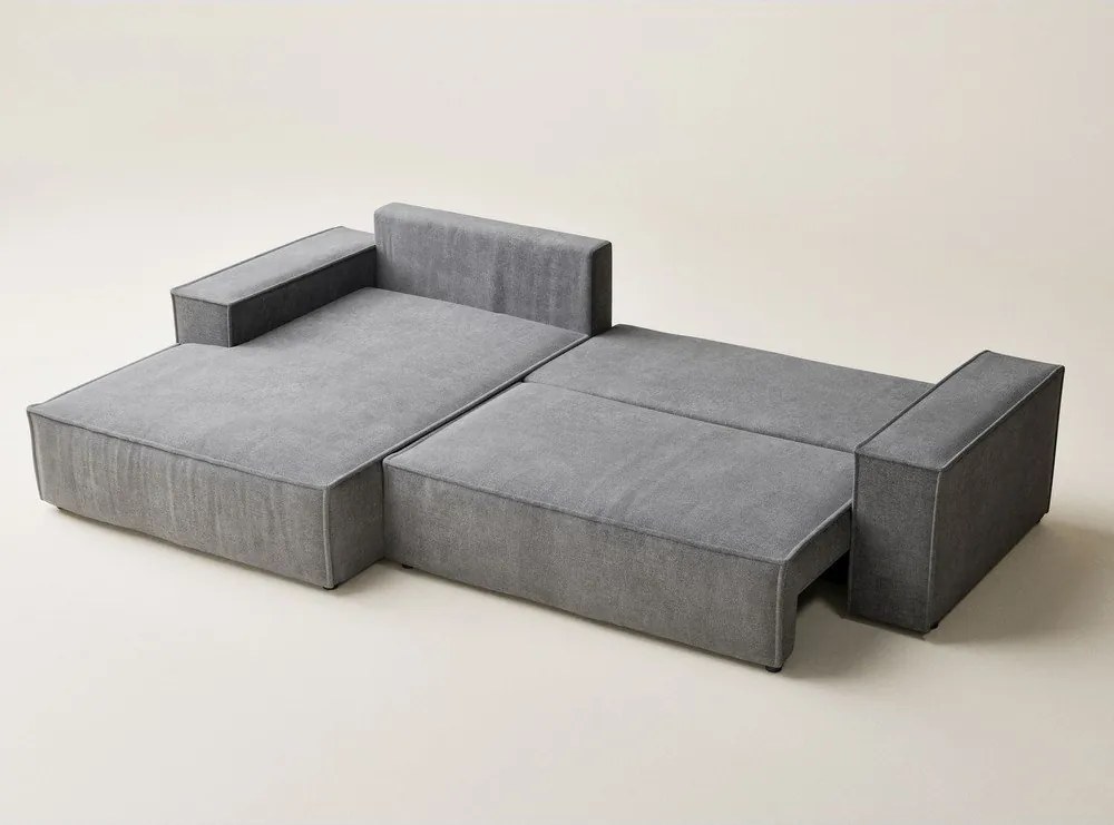 Szary rozkładany narożnik ze schowkiem z tkaniny szenilowej (lewostronny/z szezlongiem) Maze – Maison de Rêve