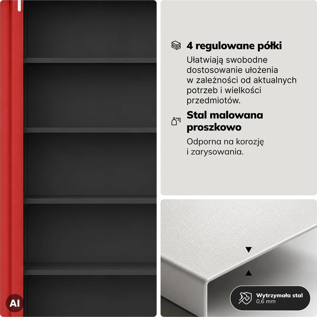 Szafa biurowa metalowa z zamkiem na szyfr antracytowo-czerwona, 900x1850x400 mm: DANIEL