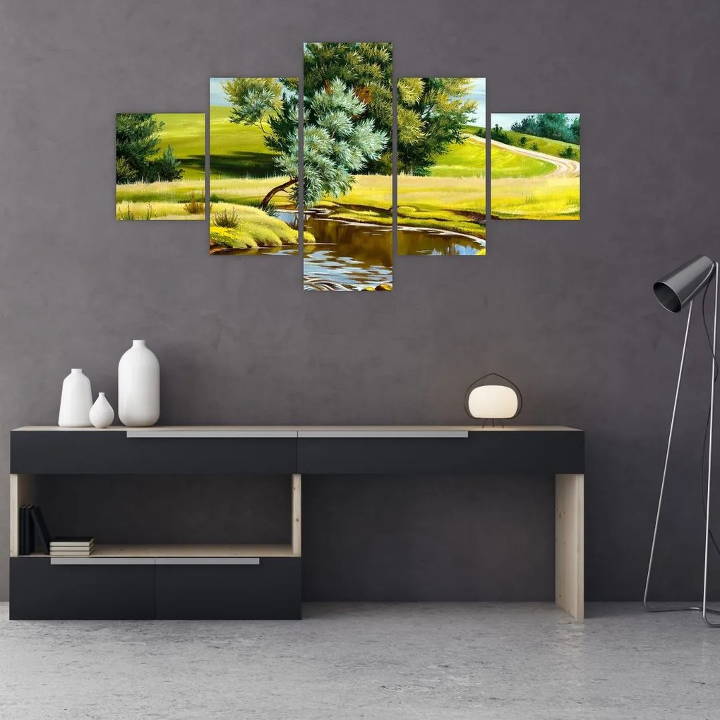 Obraz - rzeka między łąkami, obraz olejny (125x70 cm)