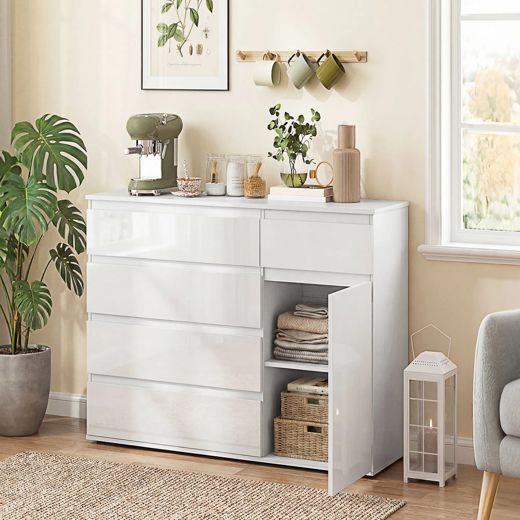 HOMCOM Nowoczesny sideboard, szafka do przechowywania z 5 szufladami, regulowaną półką, drzwiami Soft-Close, biały wysoki połysk | Aosom PL