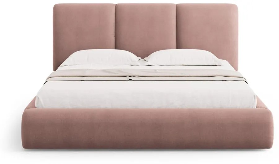 Jasnoróżowe tapicerowane łóżko dwuosobowe ze schowkiem i stelażem 160x200 cm Brody – Mazzini Beds