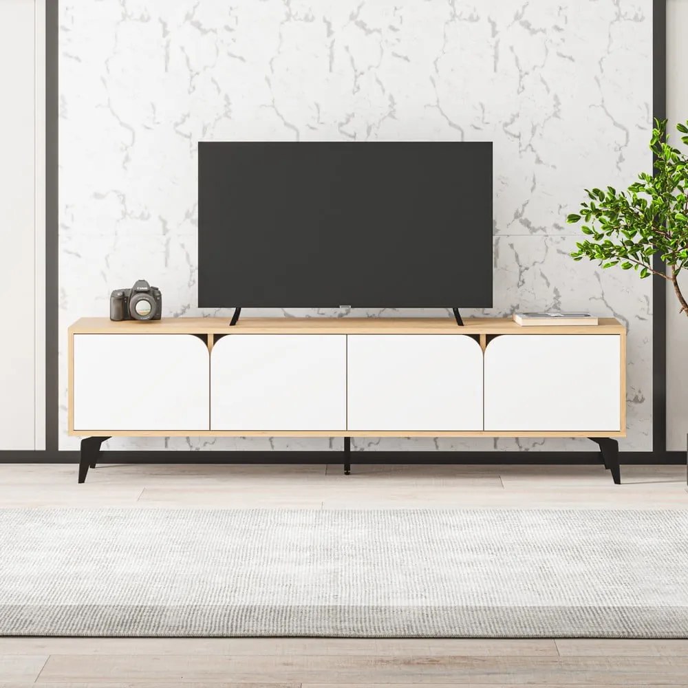Biała szafka pod TV w dekorze dębu 180x51 cm Nola – Marckeric