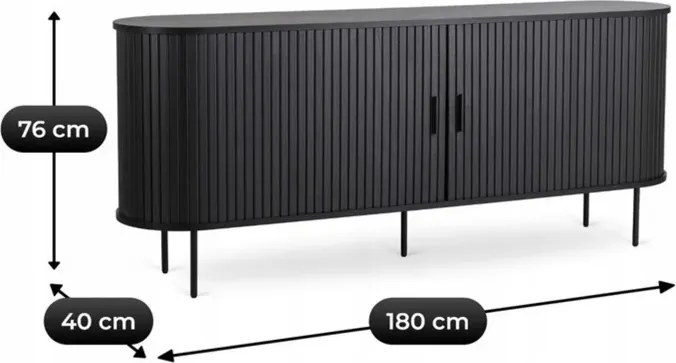 Komoda do Salonu Rozsuwana TRISH 180 cm Czarna Dwudrzwiowa Ryflowana Japandi