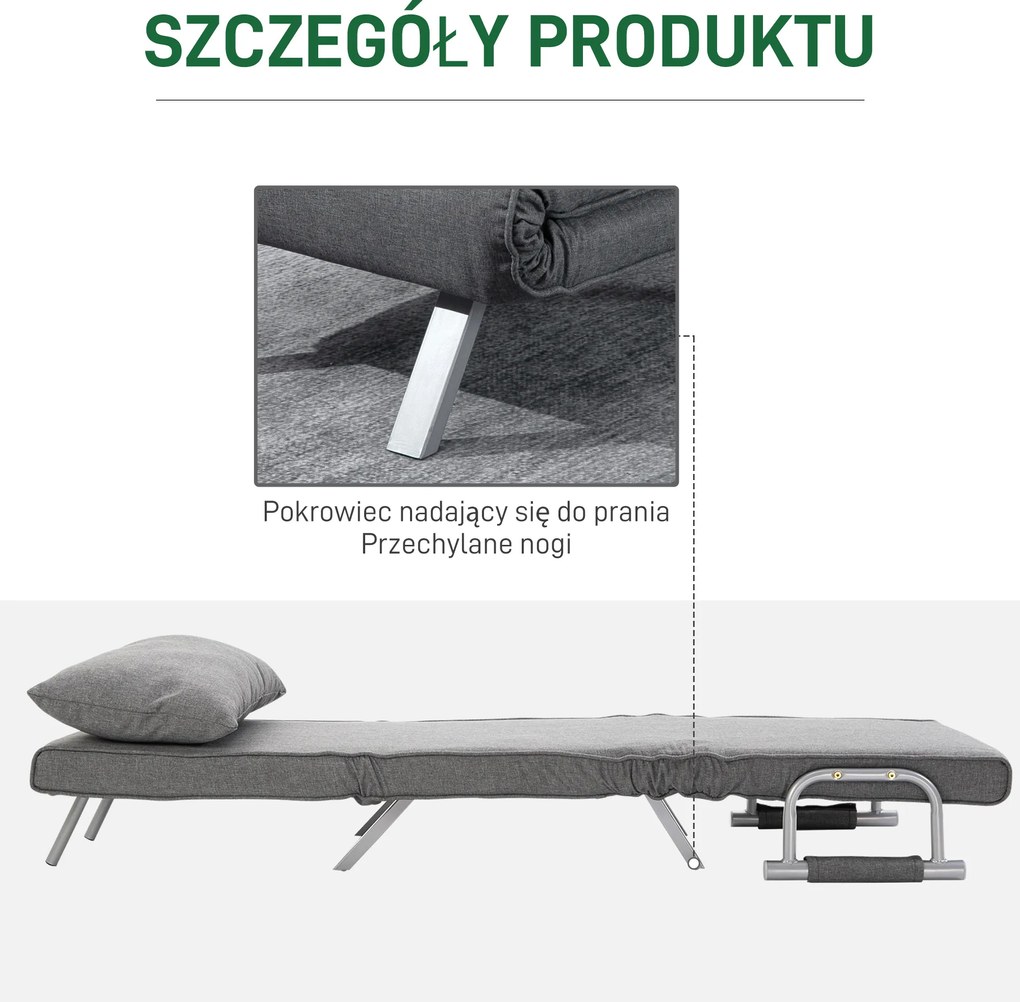 HOMCOM Fotel Rozkładany z funkcją spania Składany fotel sypialny Maksymalny udźwig: 100kg Pięciopozycyjna regulacja oparcia  Jasnoszary | Aosom PL