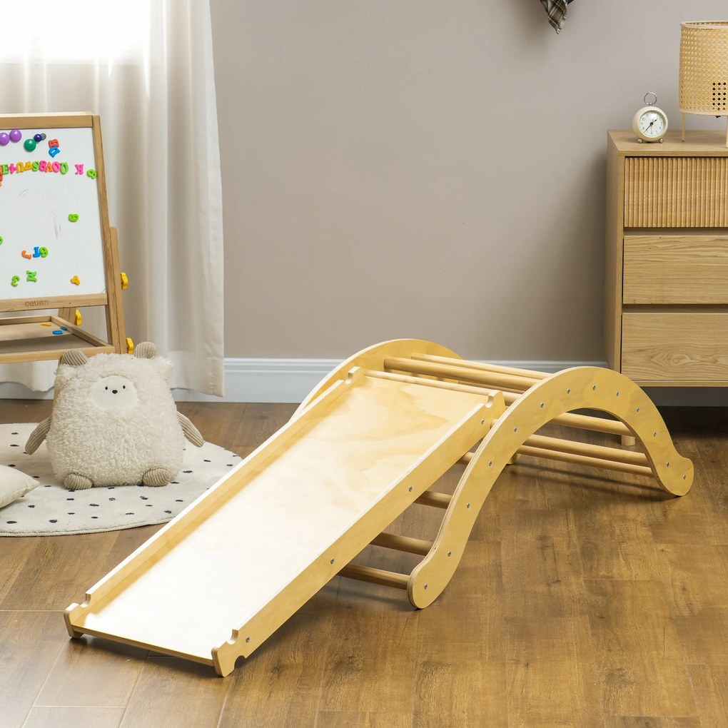 AIYAPLAY Zestaw wspinaczkowy dla dzieci, design 4 w 1 z mostkiem łukowym, huśtawką, poduszką, rampą zjeżdżalnią, do użytku wewnętrznego, Drewno