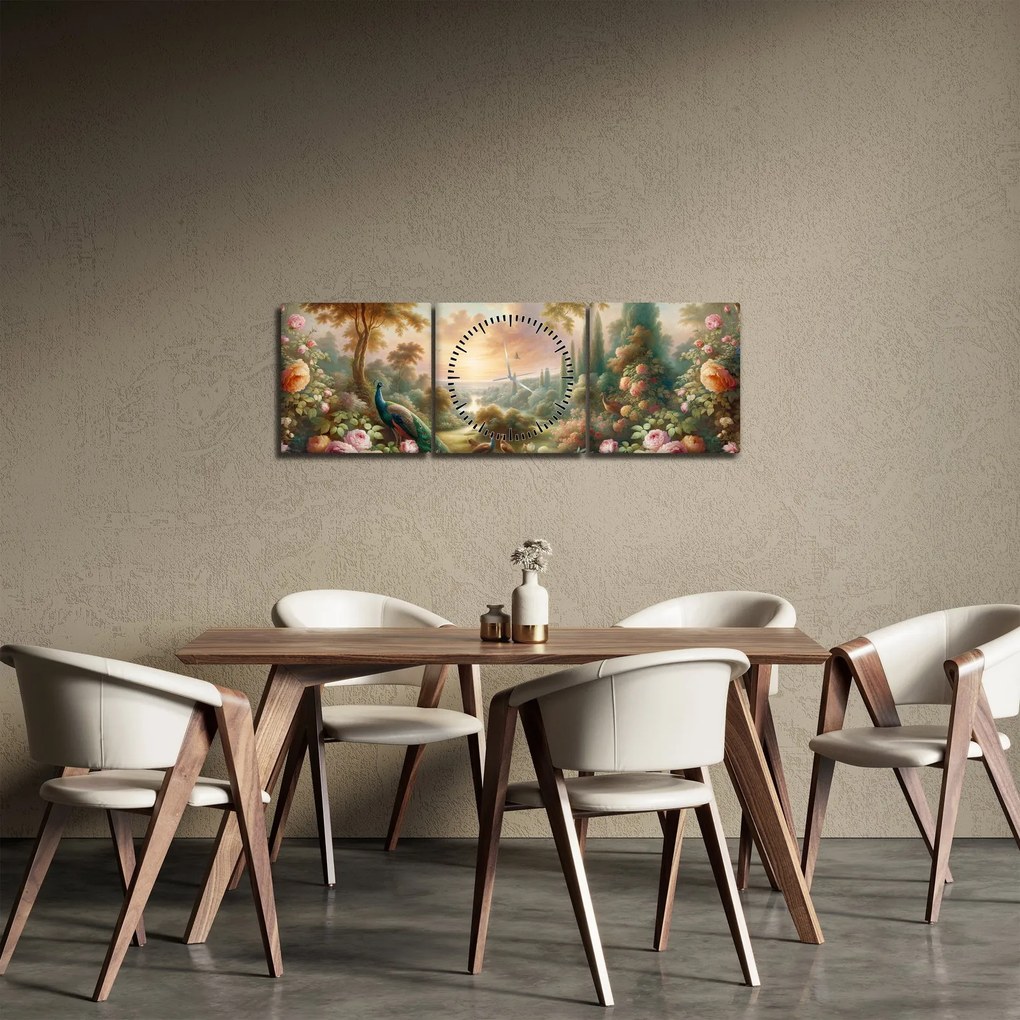 Obraz - Pawie w ogrodzie (z zegarem) (90x30 cm)
