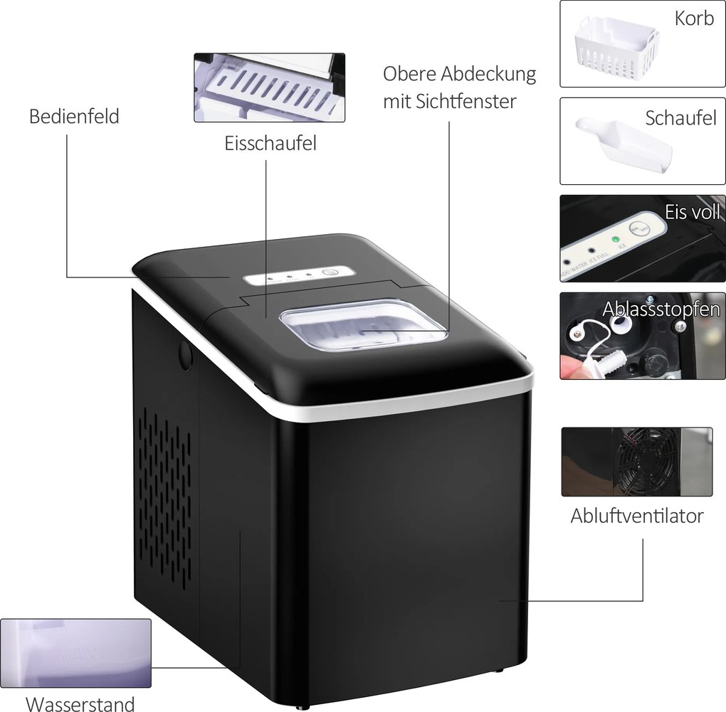 Maszyna do Lodu HOMCOM 12kg/24h 2L Maszyna do kostek lodu z Wyświetlaczem LED, 2 L Pojemność Zbiornika, 90 W, Czarna