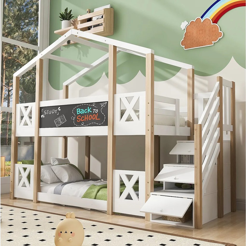 Łóżka piętrowe dla dzieci - 2 x 90 x 200 cm - domek na drzewie - schowek w schodach - białe