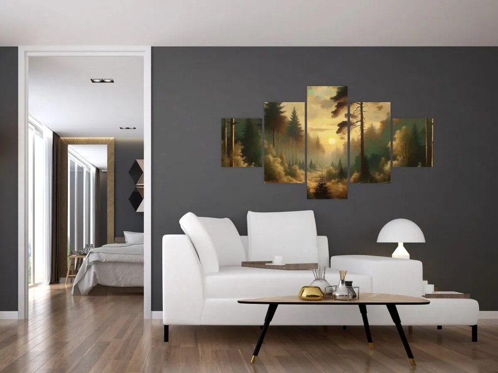 Obraz - Słońce świecące przez las (125x70 cm)