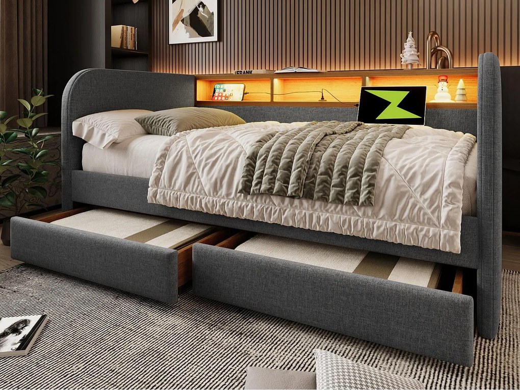 Leżanka z 2 szufladami - tkanina lniana - 140x190 cm - z diodą LED i funkcją ładowania - Szara