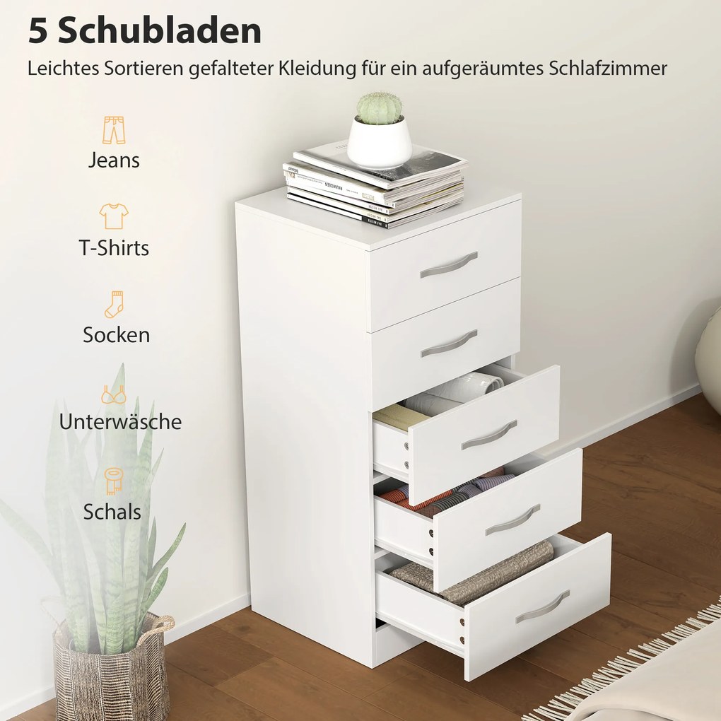 HOMCOM Komoda z 5 szufladami, komoda do ubrań i rzeczy, płyta wiórowa, biały
