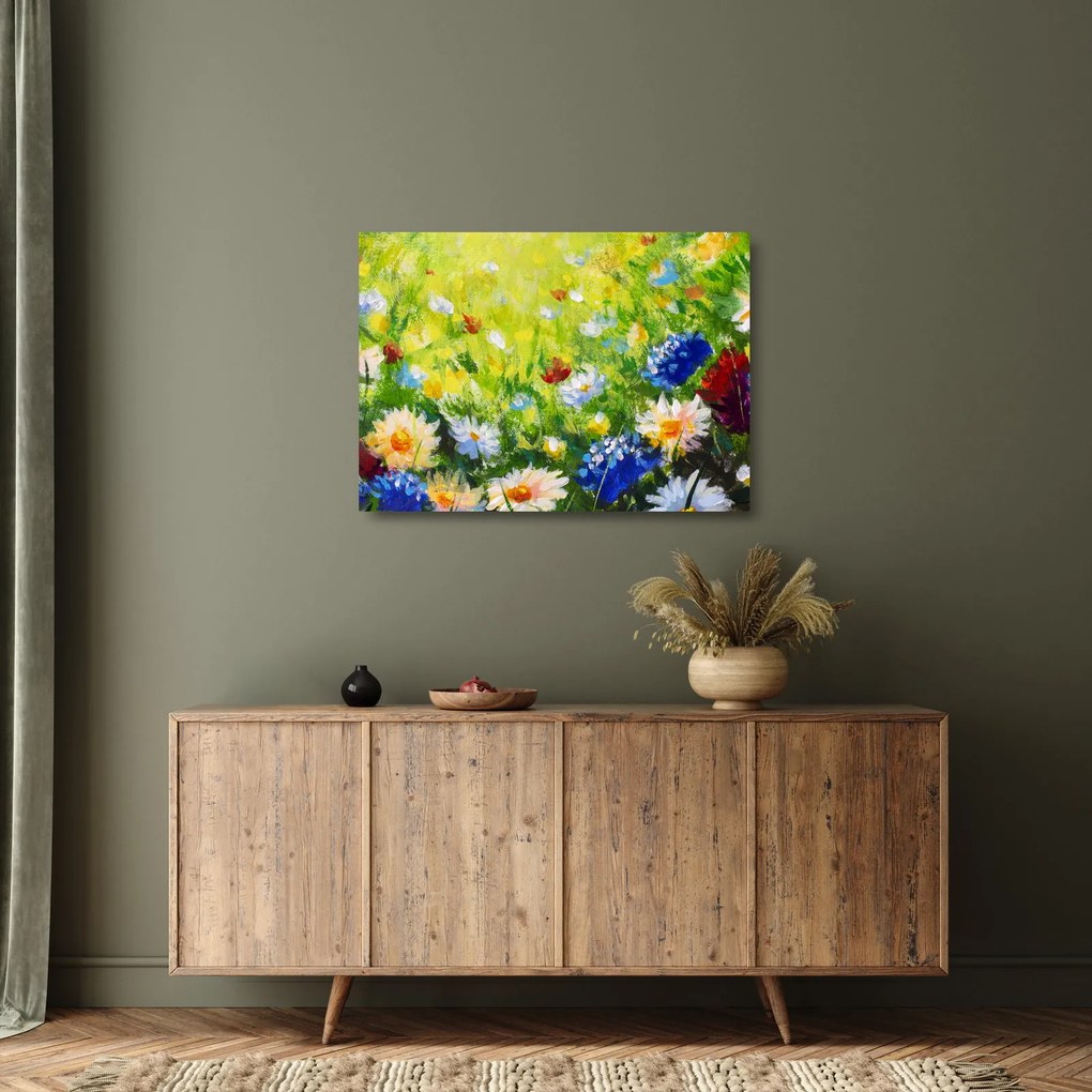 Obraz na szkle kwitnącej łąki, obraz olejny (70x50 cm)