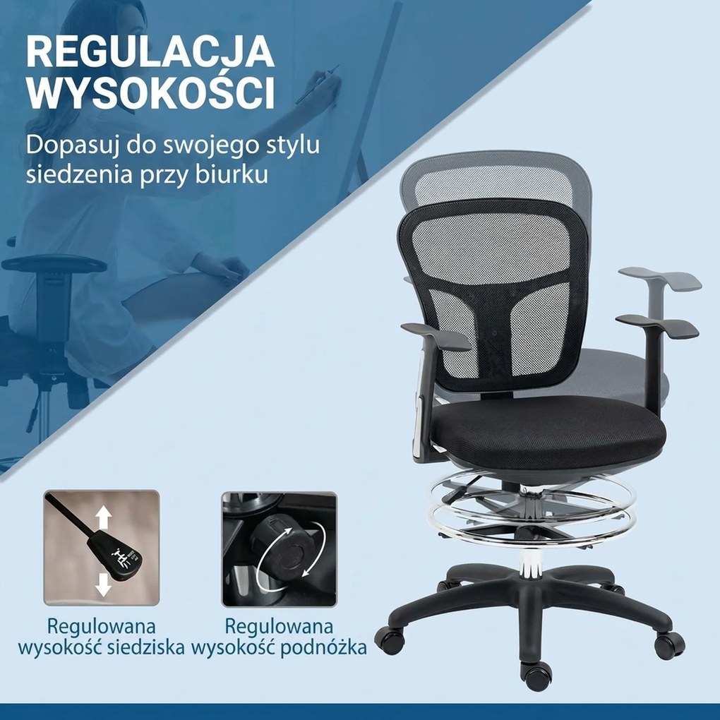 Vinsetto Krzesło do Rysowania Ergonomiczne Obrotowe Regulacja Wysokości Czarne | Aosom PL
