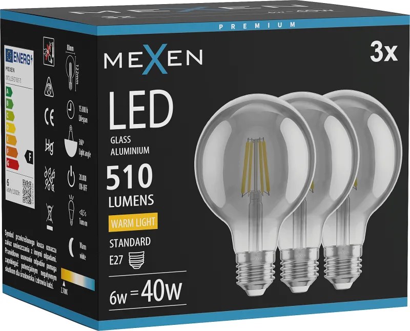 Mexen Vintis 3x żarówka filament LED E27, G80, 6W, Ciepła - 2700K, 510 lm, smoke - L155-E27-0627-70x03