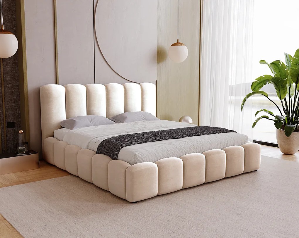BESILIO Miękkie łóżko tapicerowane 180x200 Julien - łóżko z pojemnikiem, obłe łóżko, gęste pionowe pasy - Beżowy