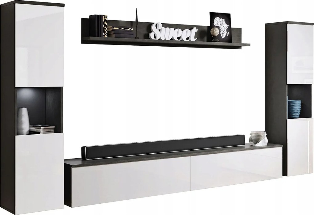 Nowoczesna meblościanka 4-elementowa do salonu z LED, 2 słupki, szafka RTV 180 cm i półka, korpus antracyt mat, fronty biały połysk