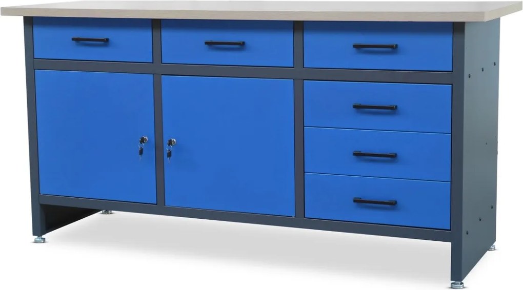 Duży stół warsztatowy z szafkami i szufladami Henry antracytowo-niebieski