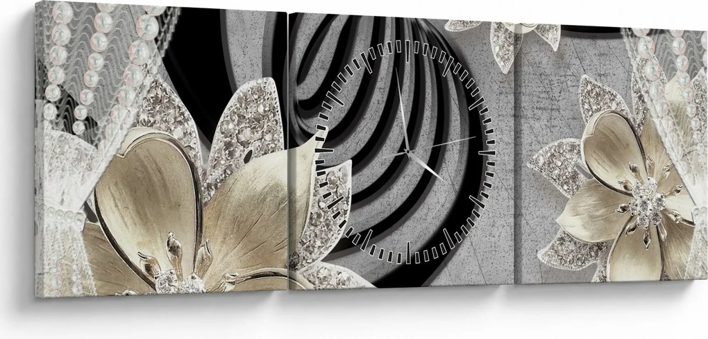 Obraz - 3D złote kwiaty (z zegarem) (90x30 cm)