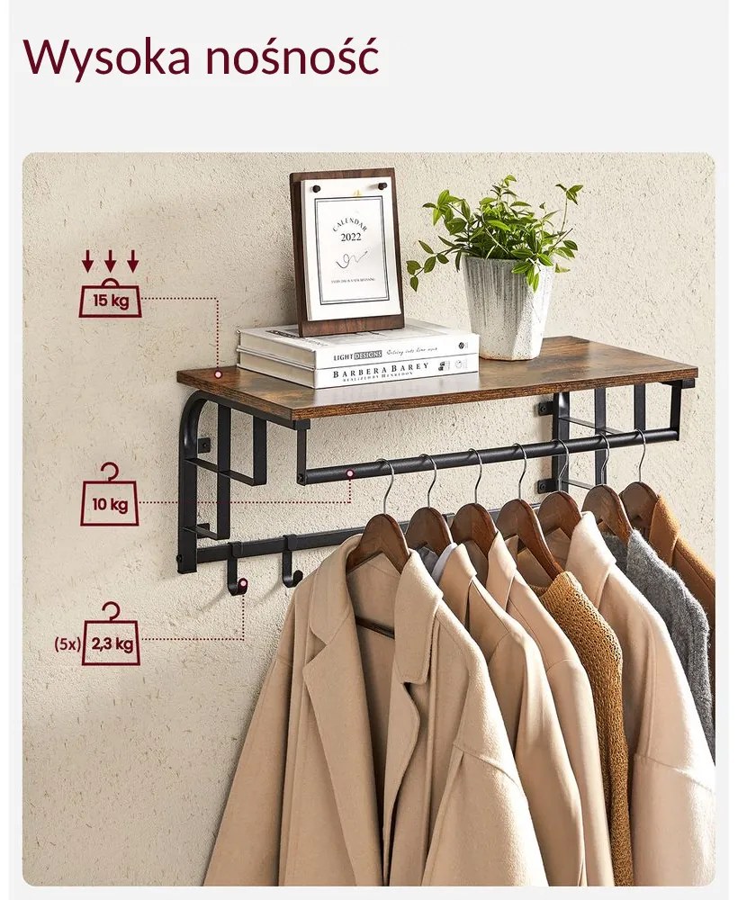 Wieszak ścienny HENRY, 66x30x27cm, czarna/brąz Vasagle