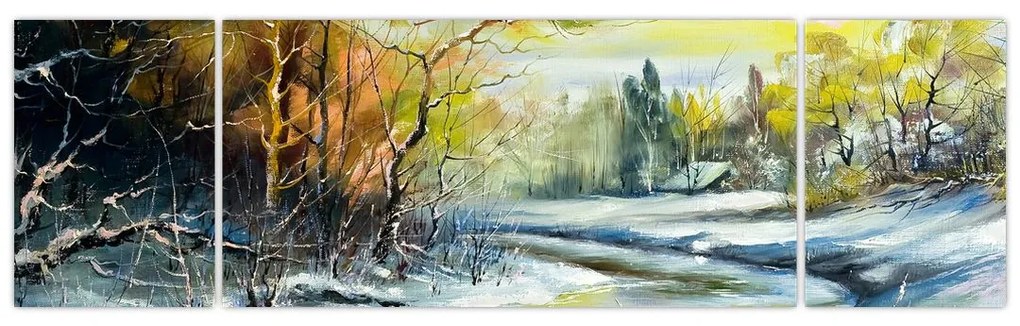 Obraz zimowej rzeki, obraz olejny (170x50 cm)
