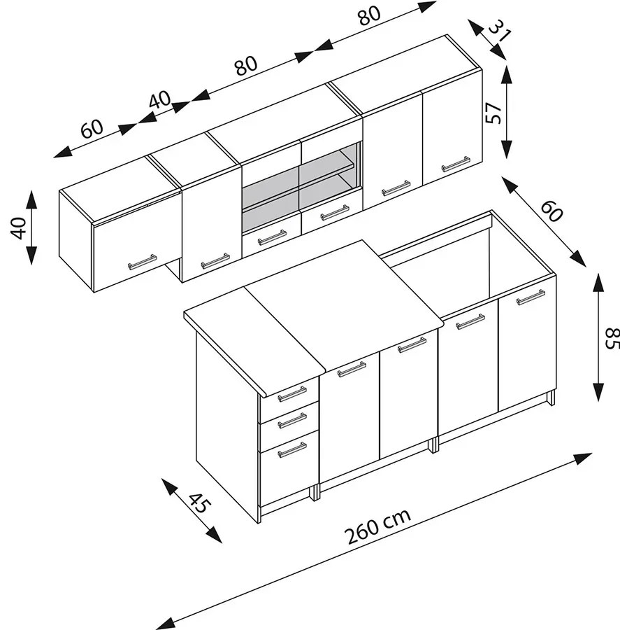 Komplet mebli kuchennych 260 cm dąb cremona + kaszmir  S8-E55