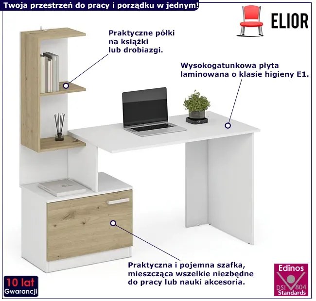 Biurko z szafką i półkami biały + dąb artisan - Kayla