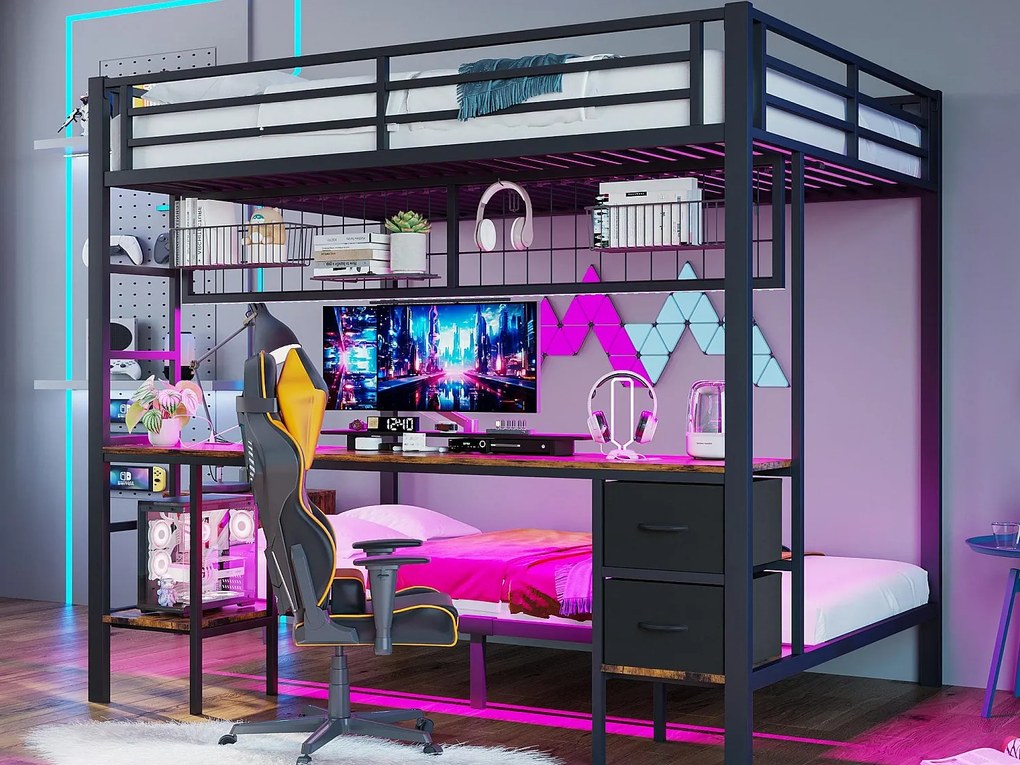 Łóżko piętrowe 90x200cm + 140x200 cm - z szufladą - z biurkiem - z oświetleniem LED + USB - czarne (bez materaca)