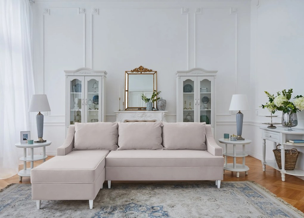 Narożnik rozkładany do salonu Notting Hill, z pojemnikami na pościel. Tkanina Matt Velvet odporna na wchłanianie płynów, kolor beżowy, błękitny, z kedrą.