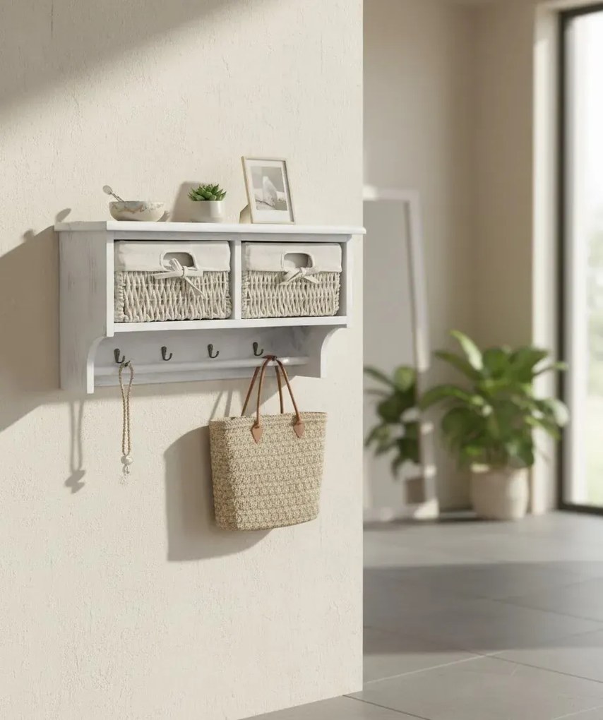 Biała drewniana półka ścienna z szufladami na klucze S1-N02