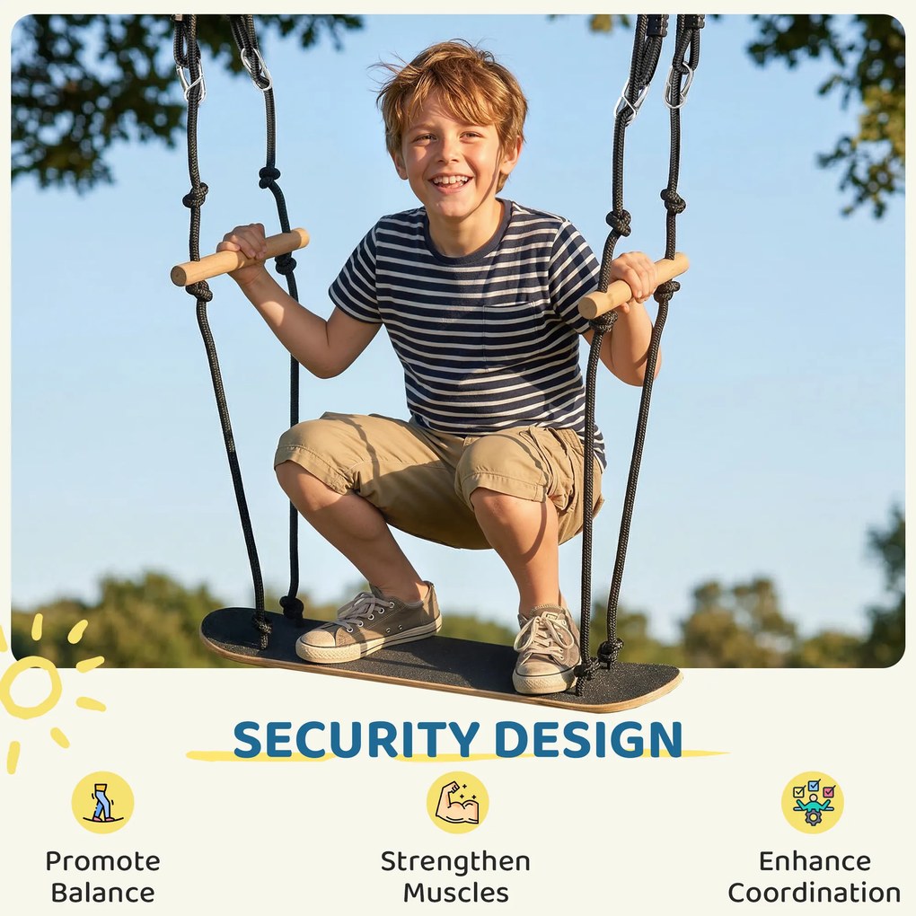 AIYAPLAY Huśtawka deskorolkowa z regulacją wysokości, antypoślizgową deską, wodoodporną liną, uchwytami, Czarna | Aosom PL