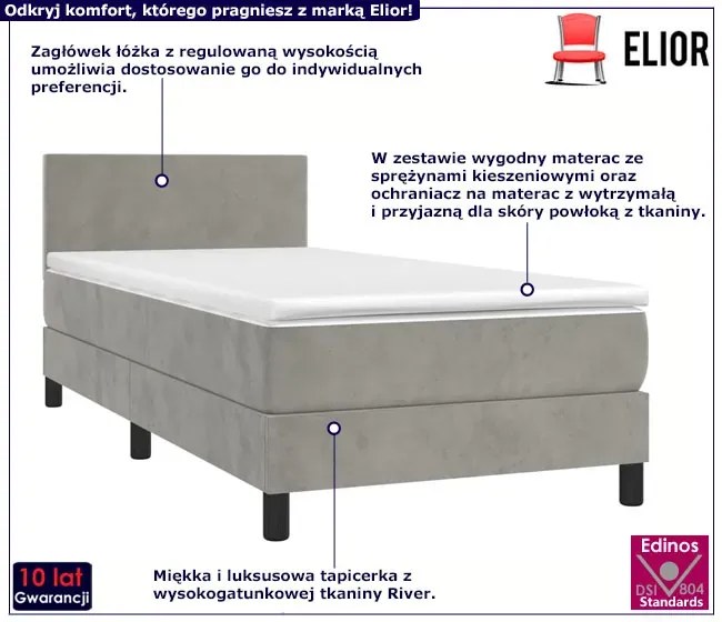 Jasnoszare tapicerowane łóżko z materacem 90x200 Mefir