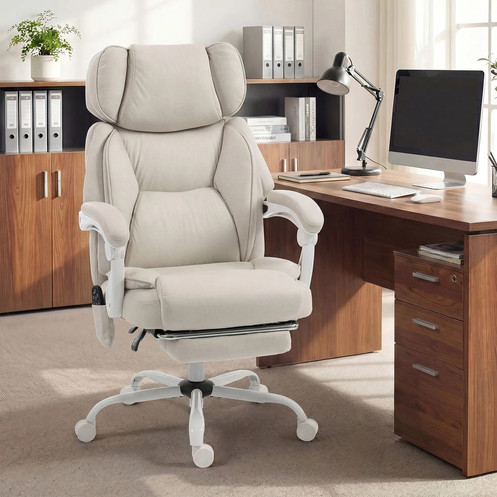 HOMCOM Wysokie krzesło biurowe z masażem wibracyjnym i podgrzewaniem, ergonomiczne, regulowane, z podnóżkiem, kremowobiały | Aosom PL