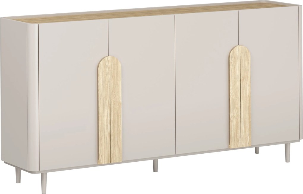 Komoda Amilio 200 cm czterodrzwiowa na nóżkach - kaszmir / dąb olejowany / uchwyty dąb jasny
